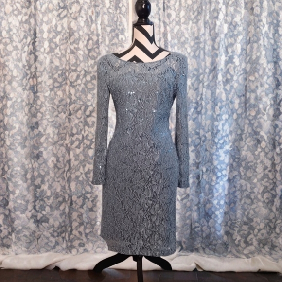 JS Collections Sheer Lace Sparkly Sequin Evening Knee Length Sz 8 Cocktail Dress - Picture 1 of 10